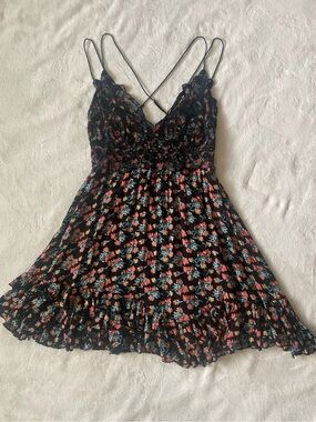 Free People Adella Floral Lace Mini Dress Black XS